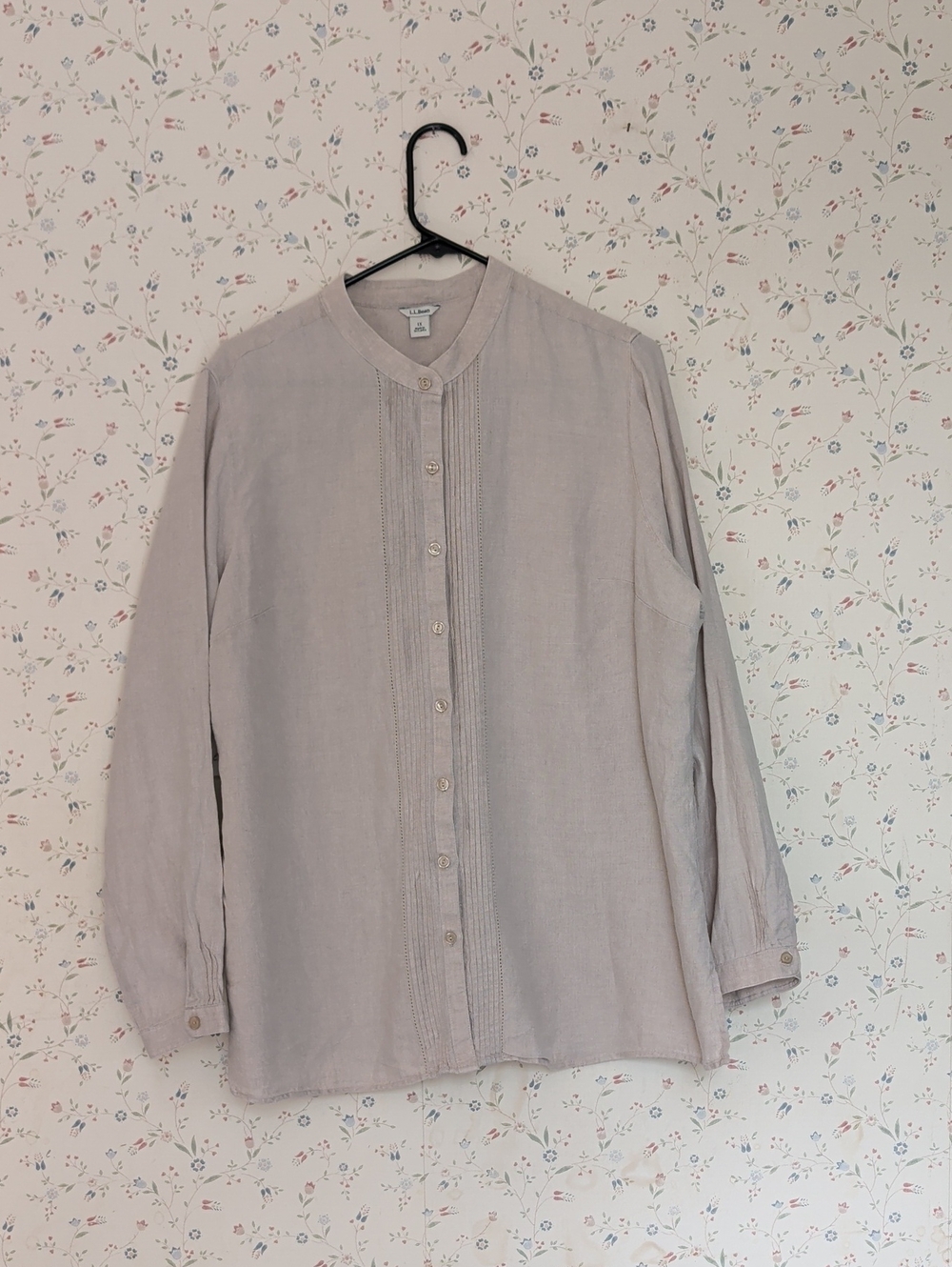 LL Bean Womens Linen Shirt Long-Sleeve Button Front Light Beige 1X Natural Fiber